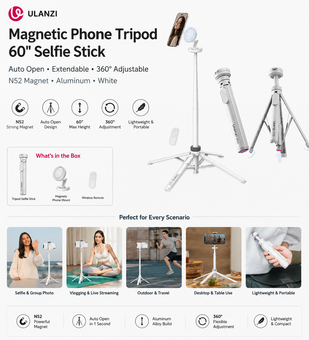 Ulanzi N52 Magnetic Phone Tripod & 60" Selfie Stick